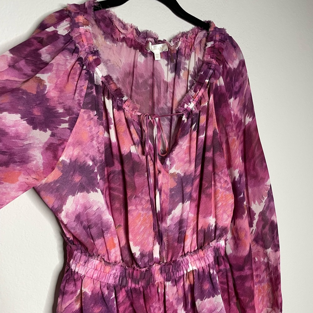 LOVESHACKFANCY Ruffled Popover Pink Purple Floral Silk Mini Dress L - Picture 5 of 12